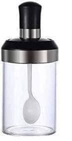 HET ENTERPRISE Borosilicate Glass Jar with Spoon for Ghee Butter Spice Sugar Salt Tea Coffee Pickle Storage Jar with Container Seasoning Bottle Jar 250 ML (Pack Of 1) (I JAR BOTTEL SPOON)