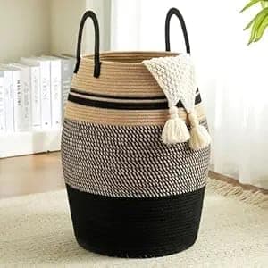 Gleckn 65L Extra Large Woven Laundry Hamper Basket With Heavy Duty Cotton Rope Handles For Clothes And Toys In Bedroom, Nursery Room, Bathroom (13" X 15", Beige)