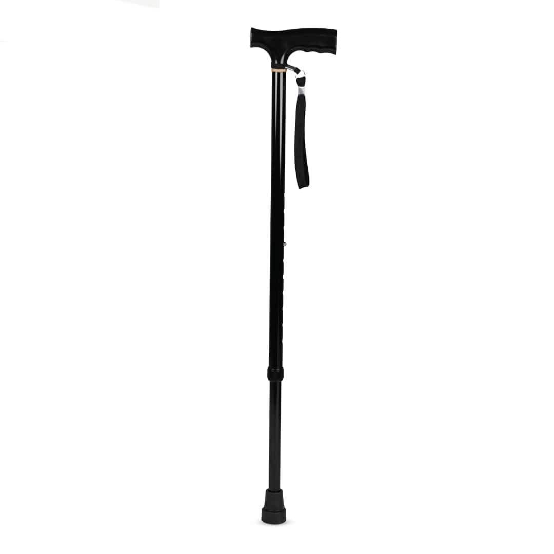 Vissco Avanti T-Shaped Aluminum Walking Stick for Elderly and Physically Challenged, Lightweight Walking Cane, Height Adjustable, Anti-Slip Rubber Shoes for Men and Women (Universal, Black)