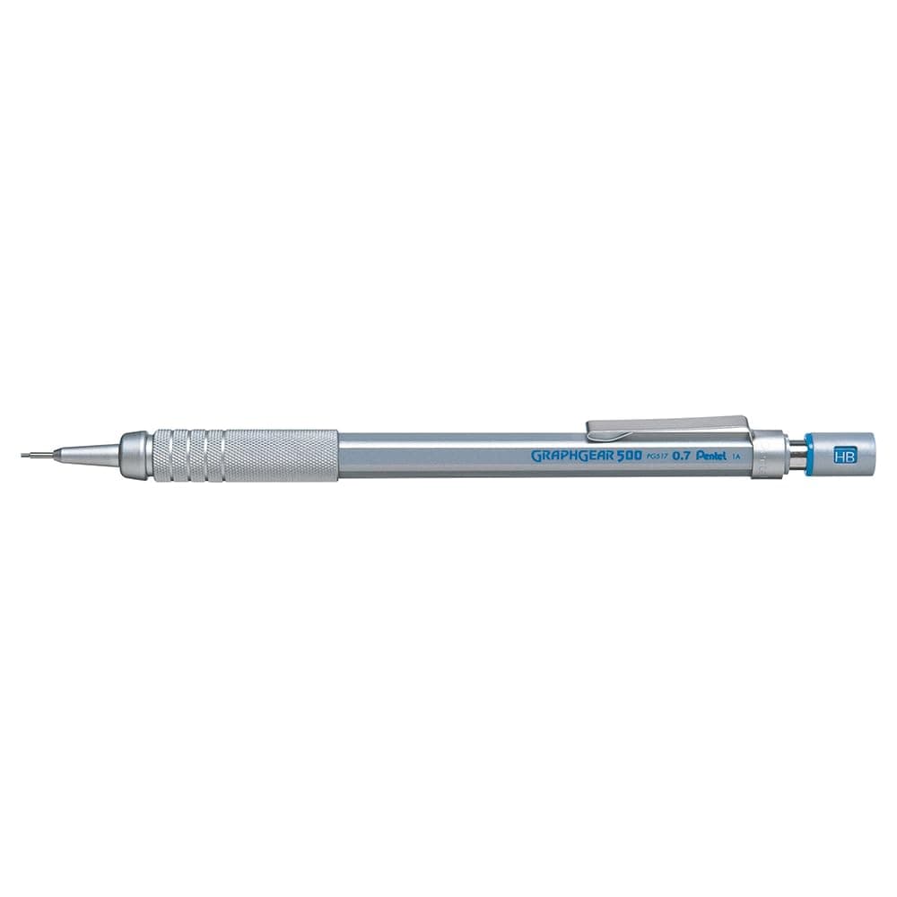 Pentel GraphGear 500 0.7 MM HB Mechanical Pencil | Lead Of Grade HB | Mini Interchangeable Eraser With Push Mechanism | Silver Plated Swing Grip | Pack Of 1 | Silver (PG517)