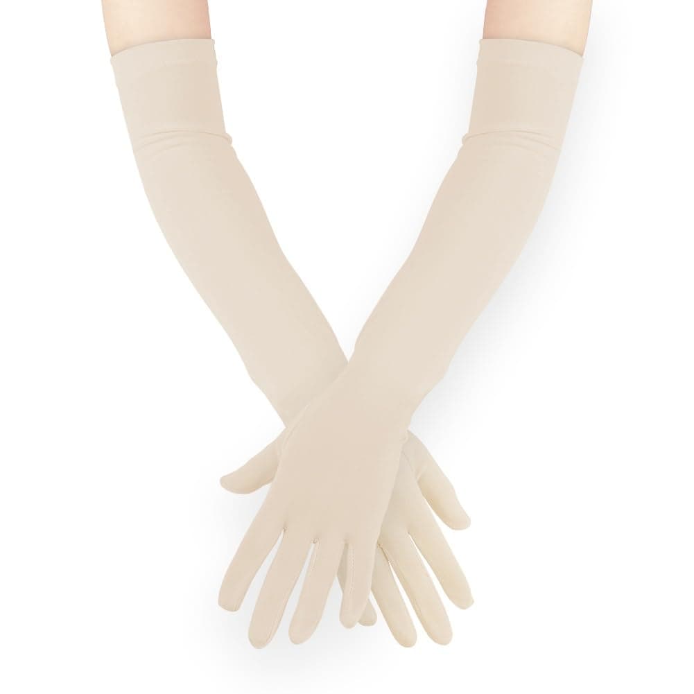 UV Sun Protection Driving Gloves Women UPF 50+ with Breathable Cotton Material and 21.6" Long for Outdoor Sports Summer Activity Evening Party - Black Dotted Beige