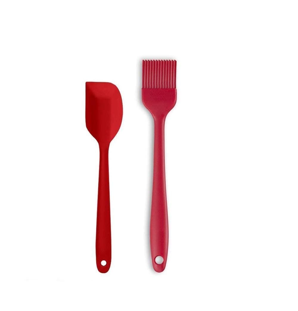 we3 Multi Purpose Heat Resistance Silicone Spatula Turner Non-Stick Silicone Kitchen Tools FDA Approved Piece of 2 Red|Spatula M 20.6cm+Silicone Basting Brush 21cm