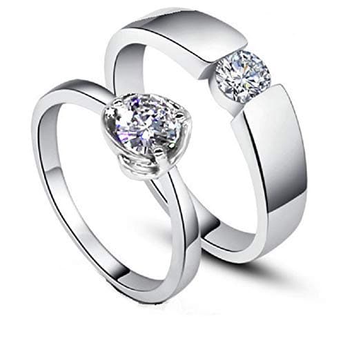 MEENAZ Couple Rings Crown King Queen Stylish Valentine Jewellery American Diamond Adjustable Love Heart Silver Finger Ring Set Combo for Women Girls Men Boys Girlfriend Lovers -CFR-M153