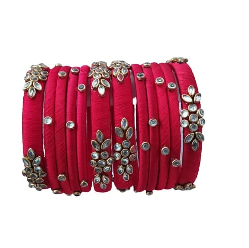 IJYA Sihan Handicrafts Kundan Work Silk Thread Bangle Kada For Women Girls 12 PC Set Wedding & Festive Occasion Handmade Multicolored Chura Chuda Stone Studded (RED, 2.6)