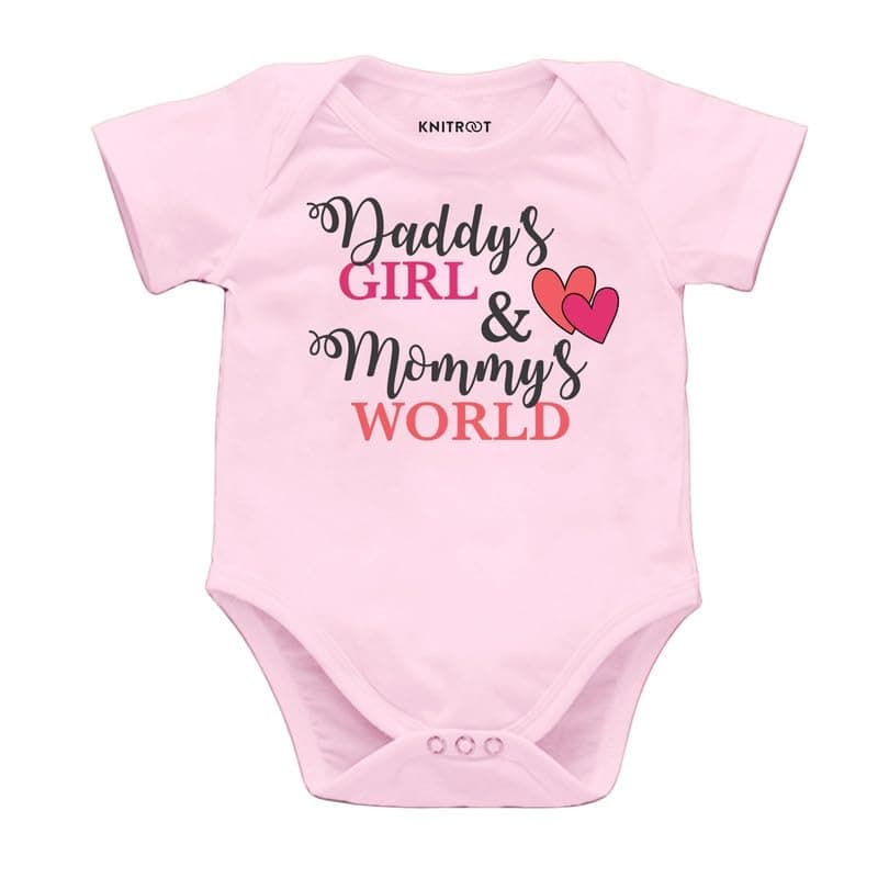 KNITROOT Mom & Dad Family Special Onesies, Unisex Baby Kids 100% Cotton Envelope Neck Half Sleeve Romper, Bodysuit, Sleepsuit, Daddy's Girl Mommy's World, Infant Cloths for Boys & Girls