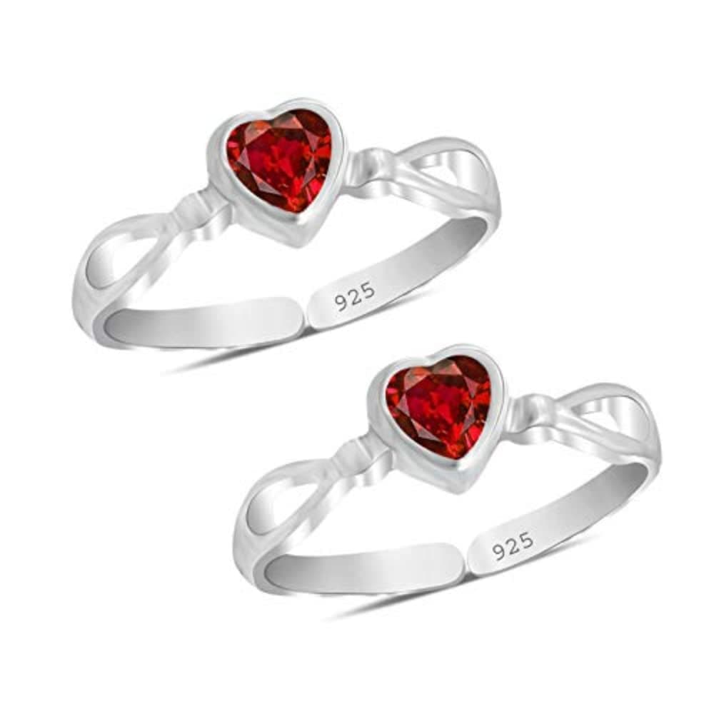 Styleejewel Sterling Silver Toe Rings For Women | Toe Rings Silver Pure | 925 Sterling Silver Toe Ring | Bichiya Set For Women Chandi | Anniversary-Gift For Wife | Heart Shaped | 2 Garnet Stone (4 MM) | 2.9 Grams