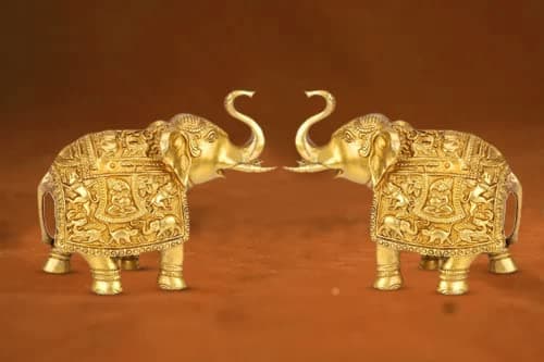ARTVARKO Brass Elephant Pair (2 Pcs) Ganesha Carving on Elephant Lucky Figurine- Home Décor Gifts Item Gold Color (7" H,8.5" L, 6 Kg.)