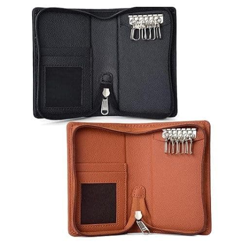 essart Premium Faux Leather Key Pouch Holder for Men & Women | 6 Hook Key Organizer Case with Card Slots & ID Window | Zipper Closure | Bank Locker, Car & Home Key Holder