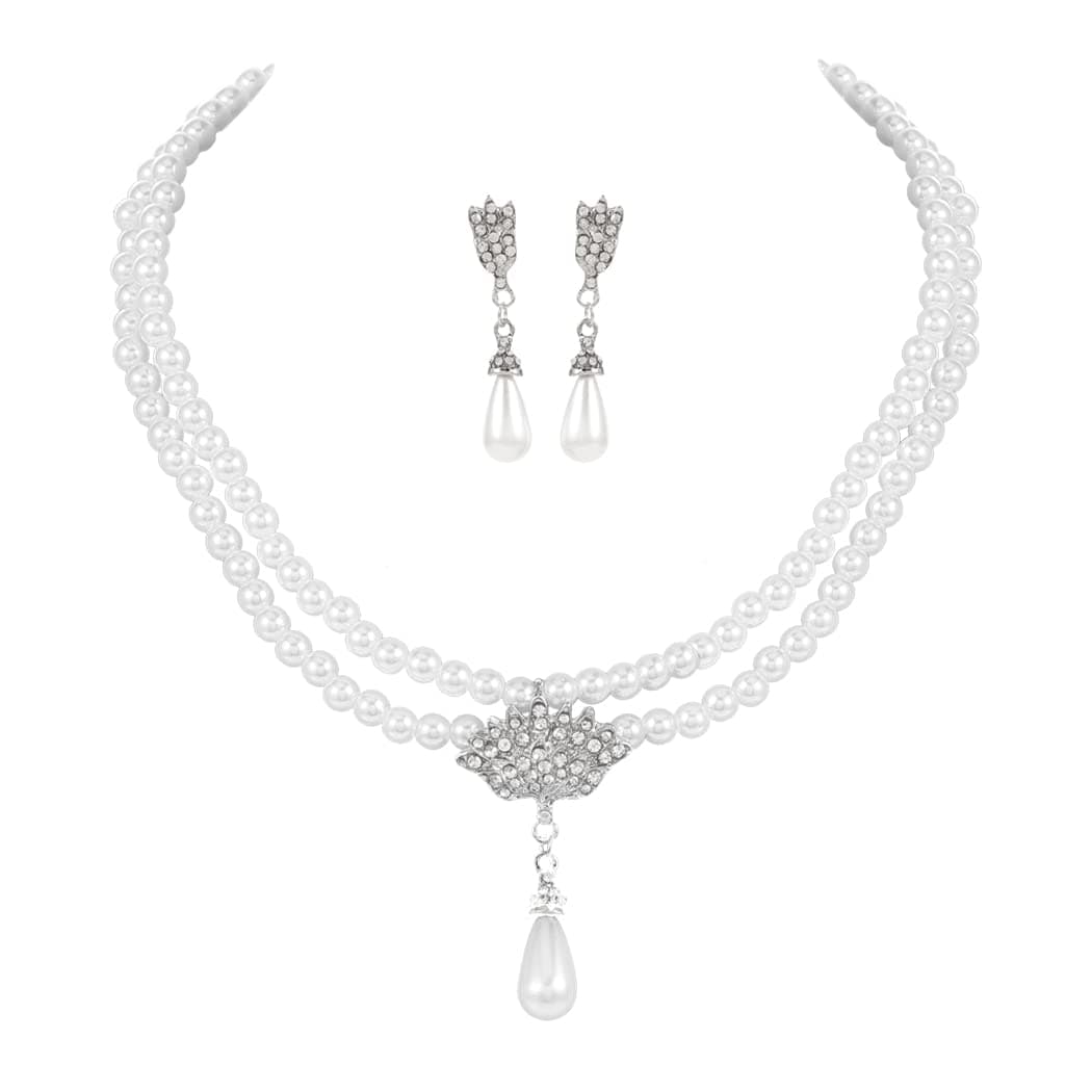 Unicra 1920s Gatsby Pearl Necklace Earrings Set Silver Bride Pearl Jewelry Sets Crystal Multilayer Necklace Jewelry Accessories for Women and Brides