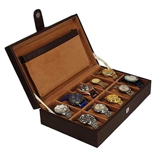 Leather World Faux Leather Watch Box Organizer For Men & Women - Wrist Watch Box Holder 10 Slots - Removable Watch Pillows Display Case - Gift for Loved Ones – Brown