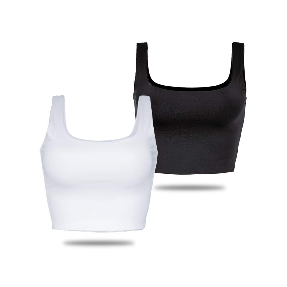 Amilia Women's Sexy Scoop Neck Double Layer Basic Solid Tank Cami Crop Tops 2 Pack (Black&White Scoop Neck, S)