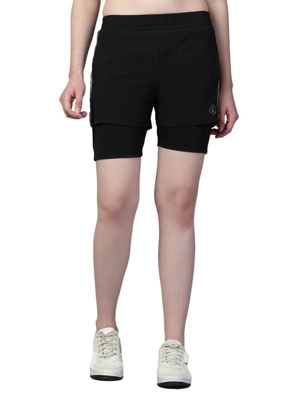 CHKOKKO Double Layered Sports Gym Workout Running Shorts for Women BlkRoyalBlue S