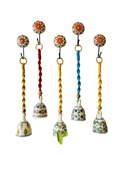 Shopping Shots Ceramic Hand-Painted Macrame Bell Bohemian- Flowers Printed Pack of 5 Large Size Ringing Bells (Size 5inch) with Ceramic Hooks,Multicolor