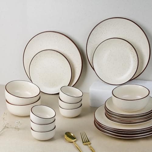 The Earth Store Ceramic Bowl Serving Set – 3 Bowls (500ml Each) with Wooden Tray, 3 Spoons & 3 Multipurpose Lids/Coaster – for Snacks, Curries, Desserts & Fruits