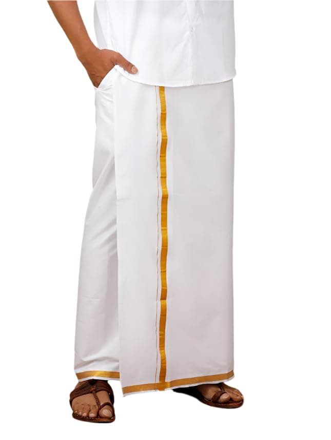 Men Cotton Blend Readymade Single Layer White Dhoti With Gold Jari Border Genxt - M