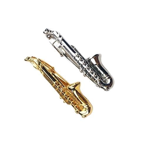 ZUNON ZUNON Saxophone Mens Silver Golden Tone Music instrument Tie Clips Musician Gifts