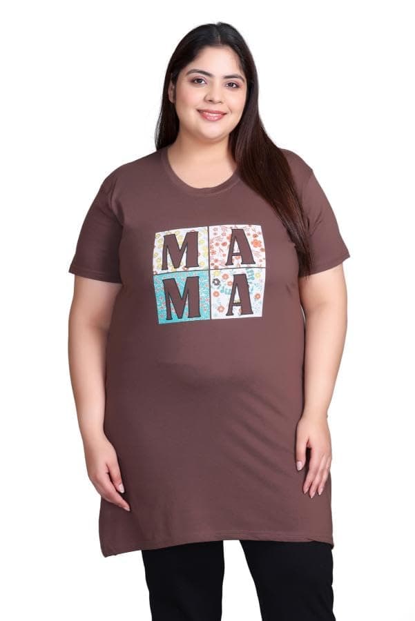 In Love Women Cotton Regular Fit Plus Size Cotton Long-Line Chest Print T-Shirt With Pocket,Brown,6XL