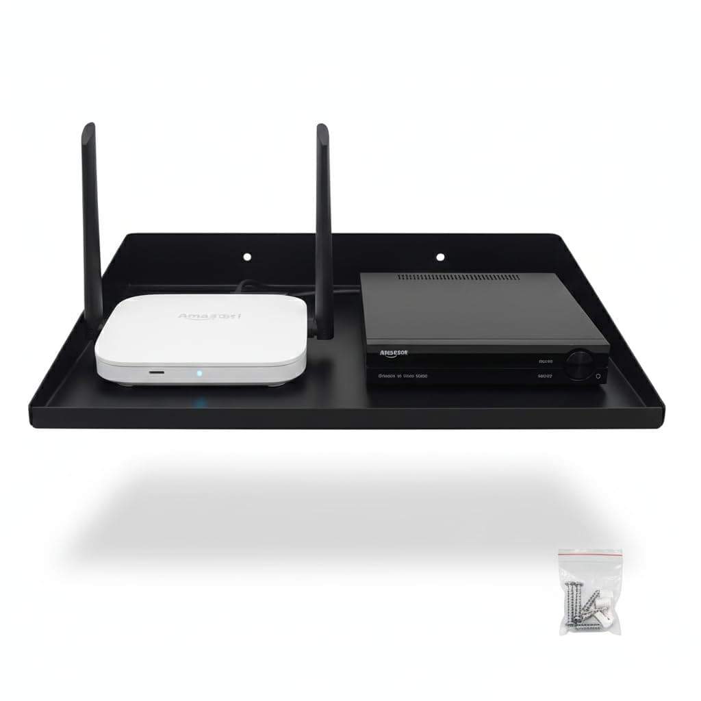 Shuchi Essentials Set Top Box Stand & WiFi Router Stand Wall Mount – Heavy-Duty Metal Wall Shelf 12×10 Inch | Matte Black Shelf for TV Setup Box, Modem & Projector