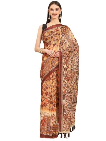 SILK LAND Women's Ajrakh Kalamkari Chanderi Cotton Digital Printed Tassel Saree with Blouse Piece (KLD00050, Multicolour)