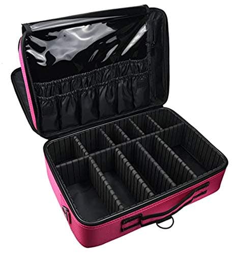 House of Quirk 3 Layers Large Capacity Travel Professional Makeup Train Case with Adjustable Compartment Shoulder Strap (Dark Pink 40cm)
