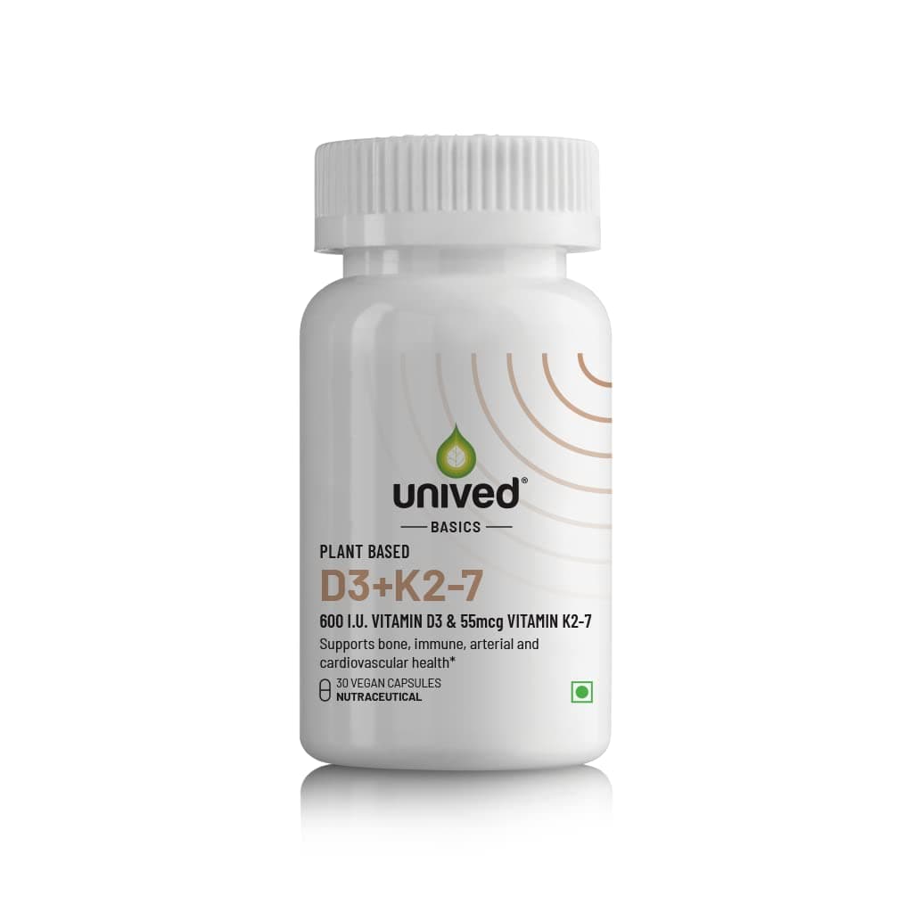Unived Basics D3+K2 (MK-7) | Vitamin D3 600 IU & Vitamin K2-7 (MenaquinGold) 55mcg | Immunity, Heart, Muscle, & Bone Health | Plant-Based & Natural | 30 Capsules