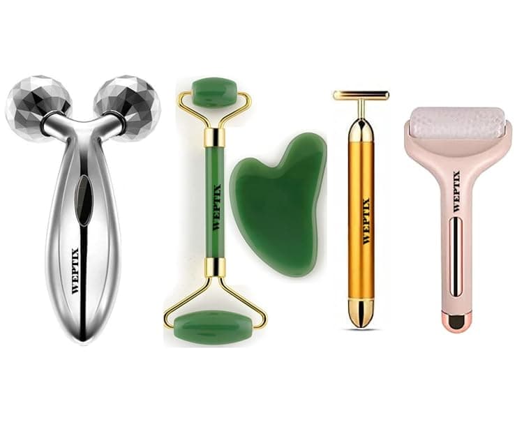 WEPTIX® Ice Roller Face Massager, Facial Massager Jade Stone Roller & Gua Sha Tool 100% Natural, 3D Massager Roller, T Shape Gold Energy Beauty Bar Electric Vibration Facial Massage for Massager