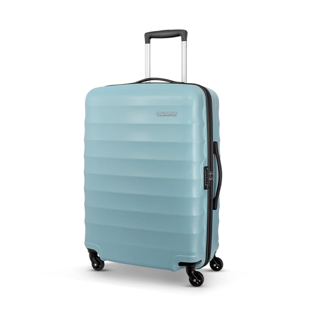 American Tourister Polycarbonate Barcelona 79 Cms Large Spinner 4 Wheels Hardside Check-in Suitcase with Smooth Sliding Wheels & Pack Smart Interiors - Powder Blue, H-55 Cm