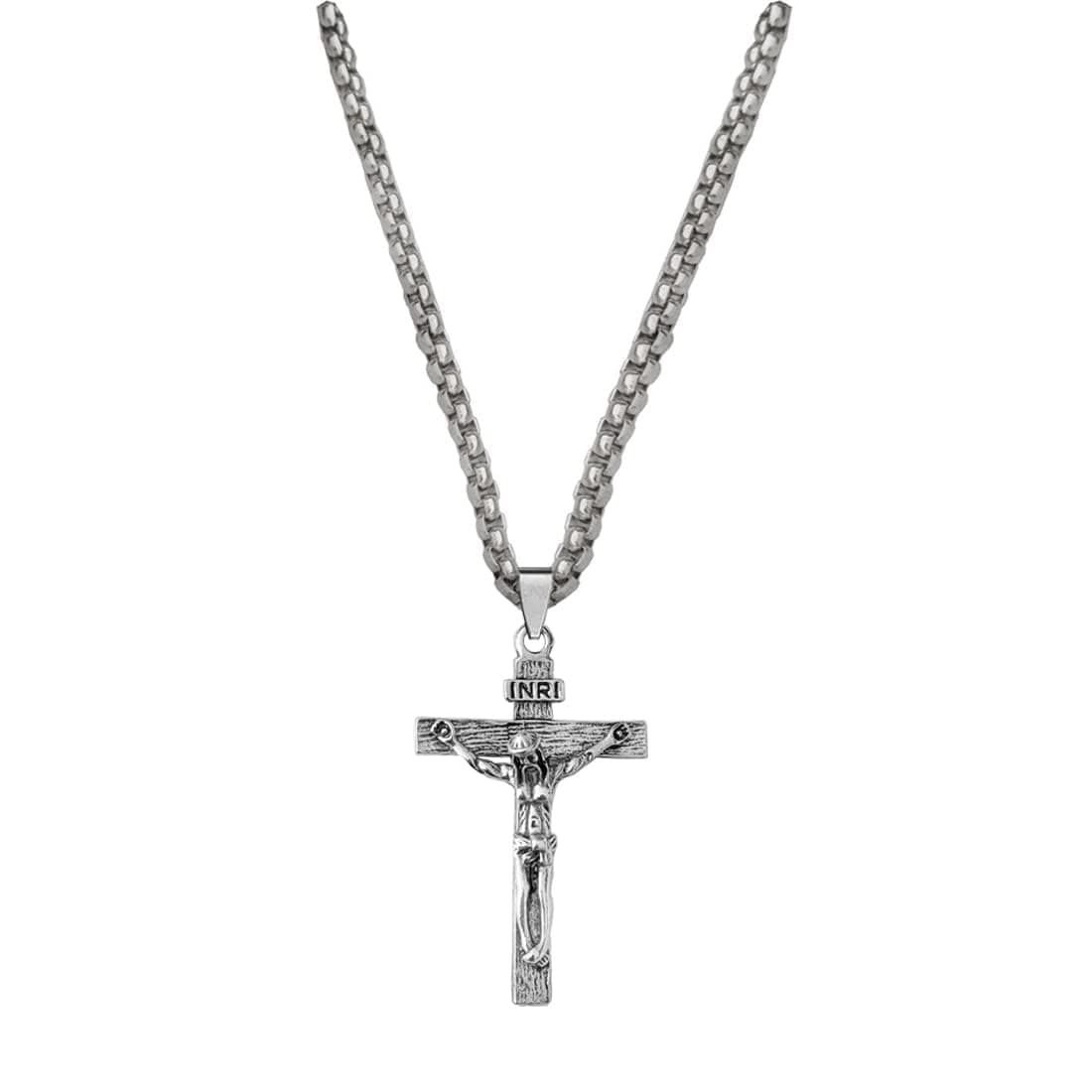 M Men Style Religious Lord Jesus Christ Cross Silver Stainless Steel Pendant Necklace Chain for Men and Women