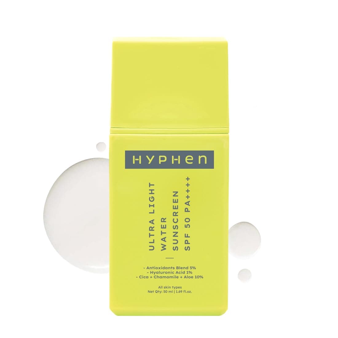 Hyphen 1% Hyaluronic Ultra Light Water Sunscreen SPF 50 PA ++++ | In-Vivo certified | Broad Spectrum & Blue Light Protection | No White Cast | Contains 5% Antioxidants Niacinamide Vitamin E| Korean Sunscreen for Men & Women | 50ml