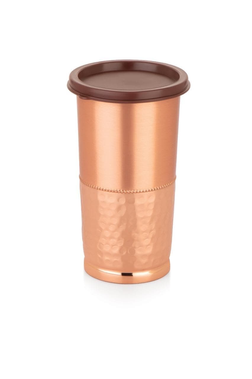 ATTRO Swara Copper Tumbler Glass with Lid, Pure Copper, Durable & Stylish, Ideal for Ayurvedic Use, Water Drinking, Travel, Home & Office – 450ml, Matte-Hammer