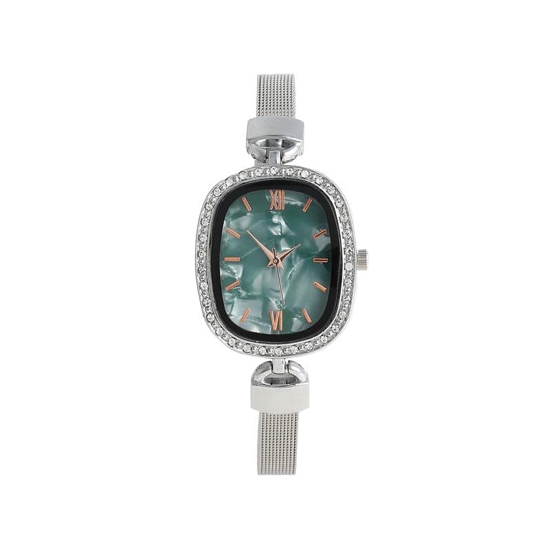 Haute Sauce Women's The Textured Square Watch | Metallic Silver Stainless Steel Strap | Emerald Green Dial | One-Size | Tang Buckle Closure | Quartz | Battery | Wrist Belt Analog Watch