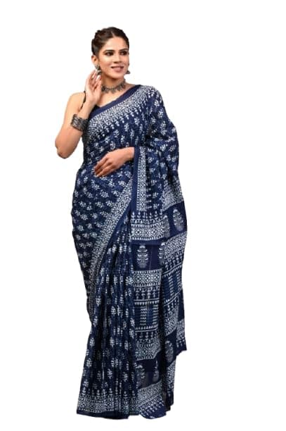 Rovim Women's Jaipuri Hand Block Printed Cotton Mulmul Saree with Blouse Piece