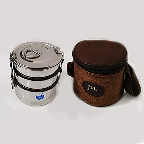 JVL Stainless Steel Tripe Layer Leak Proof Round Lunch Box, School and Office