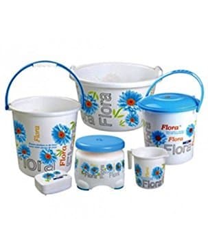 Nayasa Printed Small Bathroom Plastic Bucket and Mug Set, 6-Pieces, Blue