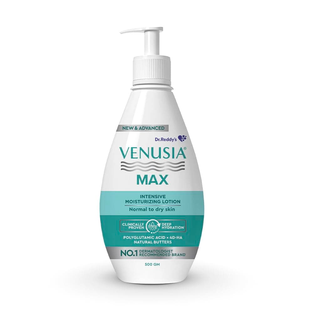 Dr. Reddy's Venusia Max Intensive Moisturizing Lotion | Enriched with 4D Hyaluronic Acid & Polyglutamic Acid | Clinically Proven Deep Penetration for Long lasting hydration | For Face & Body | Moisture Lock with Shea, Cocoa, Mango, and Aloe Butter |No.1 Dermatologist Recommended Brand | Normal to Dry Skin | 500 g
