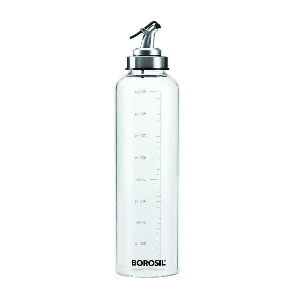 Borosil 1L Oil Dispencer | Borosilicate Glass Oil Bottle with Silicon Funnel | Leakproof, BPA Free Oil Container for Kitchen | Transparent (1 L)