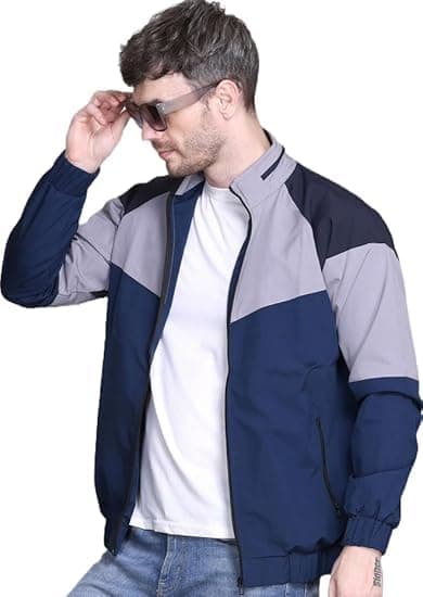 Men's Polyester Windcheater Jacket, Navy Blue and Grey, Winter Wear