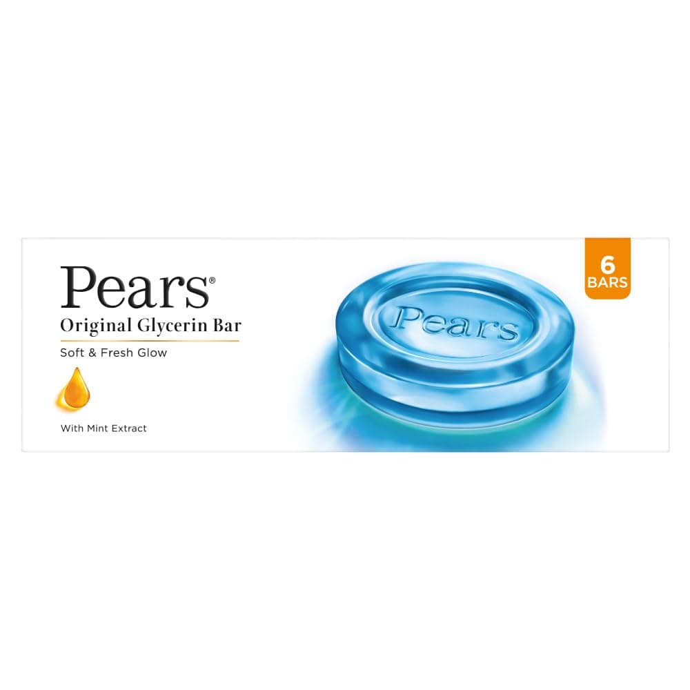 Pears Original Glycerin Soap Bar - Soft & Fresh Glow | With 98% Pure Glycerin & Mint Extract | For a Fresh Glow | With Plant Based Cleanser for Skin & Body | Paraben-free | 125 gms x 6