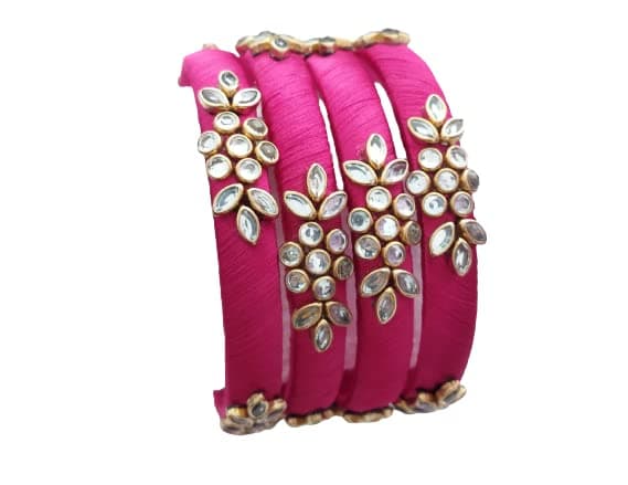 IJYA Sihan Handicrafts Kundan Work Silk Thread Bangle Kada For Women Girls 4 PC Set Wedding & Festive Occasion(DARK PINK, 2.6)