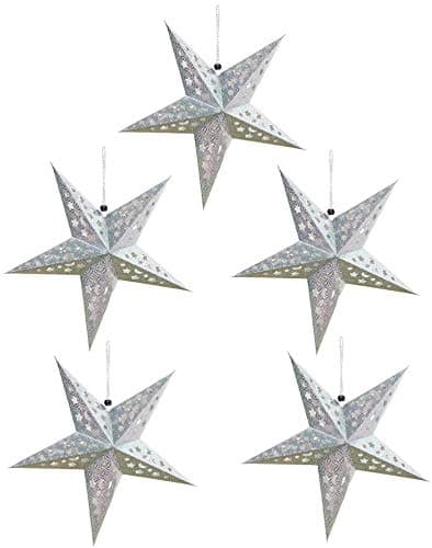 Bakefy- 5 Silver Star Silver Color Christmas Ornaments Paper Star Lantern for Diwali New Year Christmas Decorations