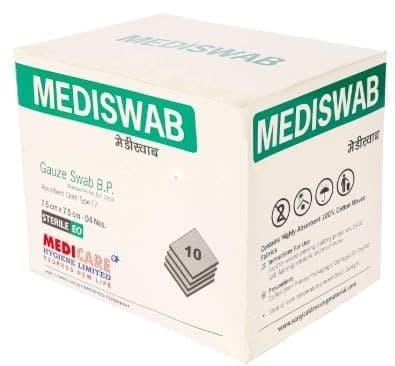 PREMIUM MEDISWAB FROM MEDICA | Sterile Gauze Swab, 7.5 cm x 7.5 cm, 12 Ply | 40 Pieces (10 Pouches X 4)