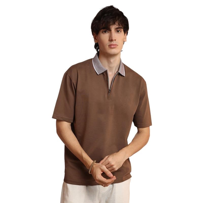 CAHOOT Men's Chocolate Brown Solid Oversized Polo T-Shirt| Casual Wear | Polo Neck | Short Sleeve | Half-Zip Closure | T-Shirt Crafted with Comfort Fit for Everyday Wear