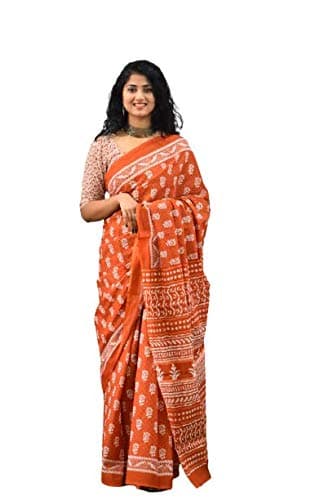 JALTHER Handicrafts Women's Ikat Hand Block Print Jaipuri Cotton Mulmul Saree with Blouse Piece Mustred