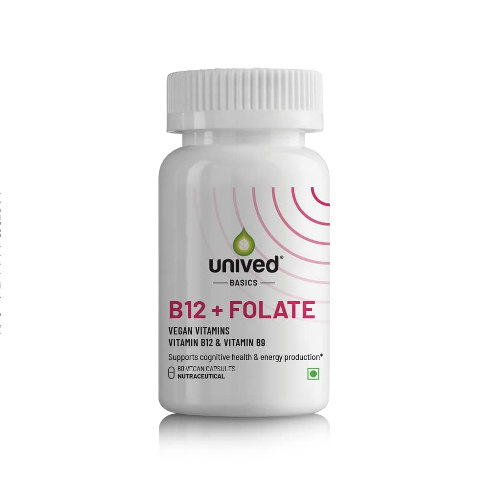 Unived Basics B12+Folate | Vitamin B12 (Methylcobalamin) with 5-MTHF BioAvailable Folate | Essential for Vegetarians | 60 Capsules