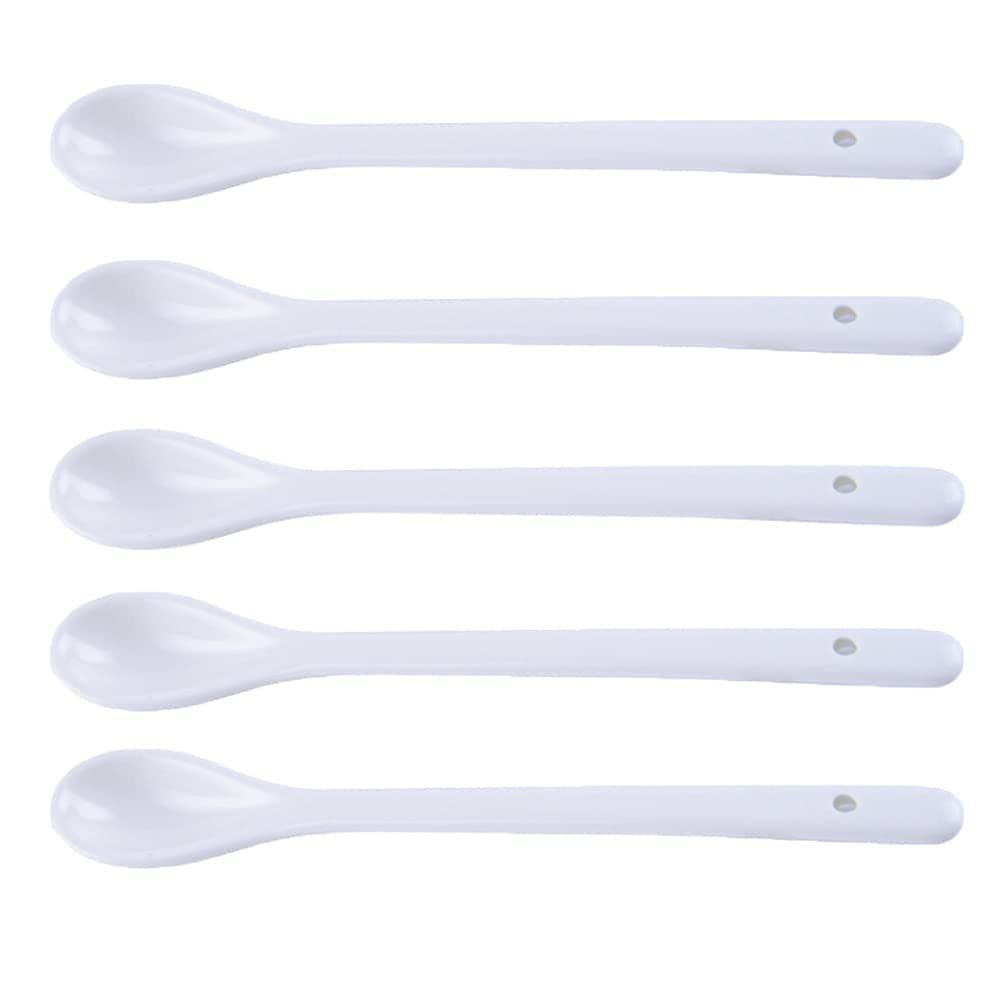 AKOAK 5 Pcs 6.7 " White Porcelain Spoon Mini Long Handle Stir Spoon for Coffee, Dessert, Yogurt, Milk Tea and Ice Cream