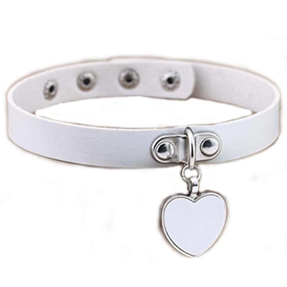 AKOAK Fashion Cool Rock Style Steampunk Punk Goth Heart-Shape Pendant Link PU Leather Collar Choker Necklace(White)