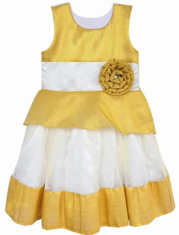 Stanwells Kids Baby Girls Frocks Knee Length Birthday Net Flared Ruffle Pattern Sleeveless Traditional Embroidery Western Frock Princess Birthday Party Dress for Girls (Cream and Golden 6-12 Months)