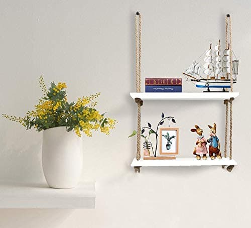 VAH- Kya Bat Hai !! Wood Bohemian Nordic Style Floating Swing Hanging Shelf with Rope (White)