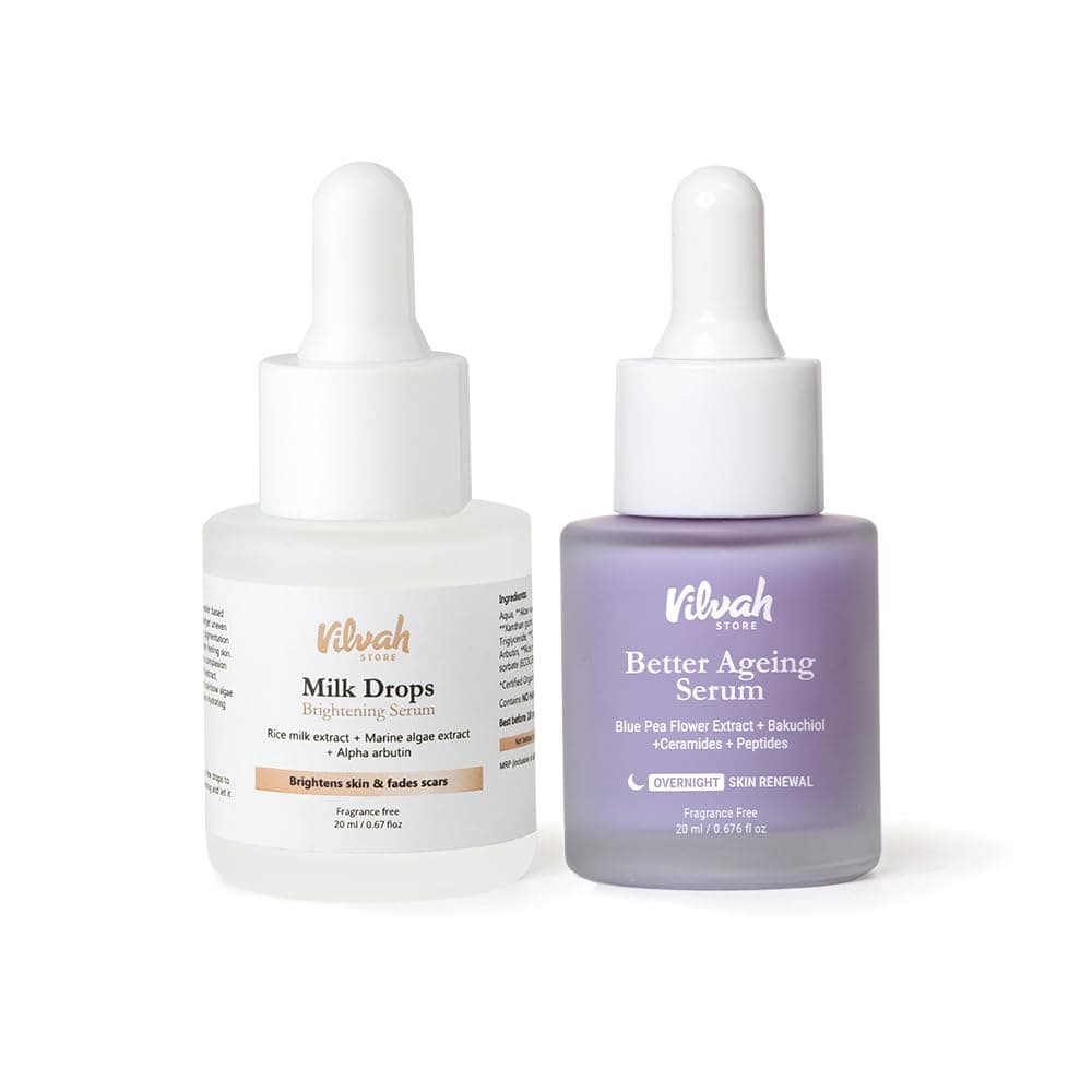 Vilvah Store AM PM Face Serum Combo | Milk Drops Serum and Better Ageing Serum | Skin Brightening, Even Skin Tone, Anti-Ageing, Wrinkle Repair | Rice Milk Extract and Blue Pea Flower | 20ml + 20ml