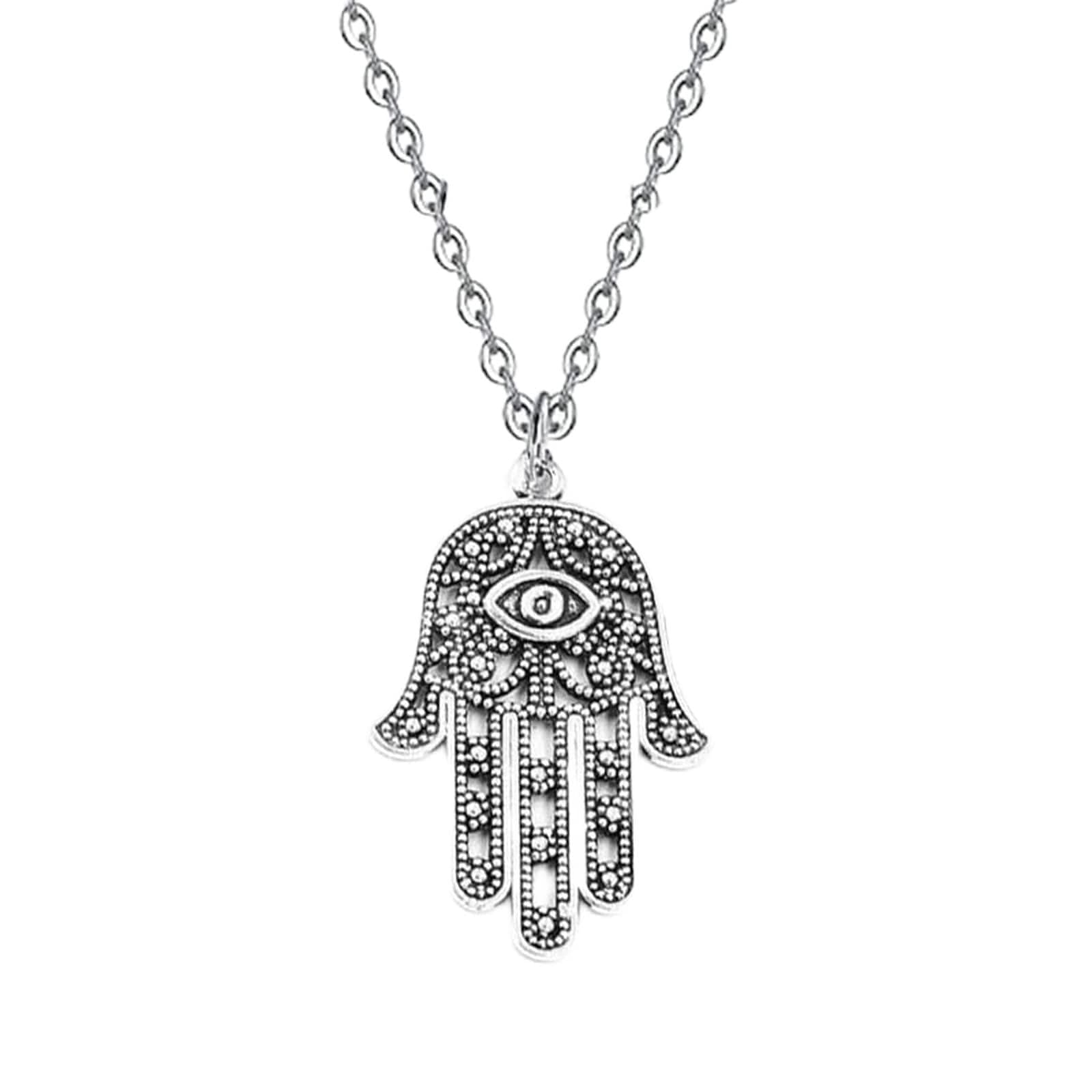 Olbye Hamsa Pendant Necklace Silver Hamsa Hand Necklace Choker Minimal Necklace Jewelry for Women, Silver
